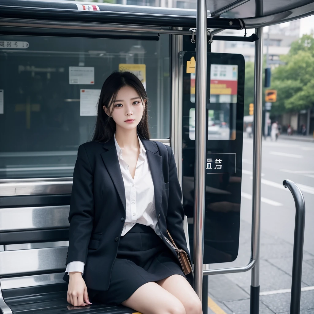 Please draw a beautiful lady with temperament,Go to the bus stop,Take the bus to work