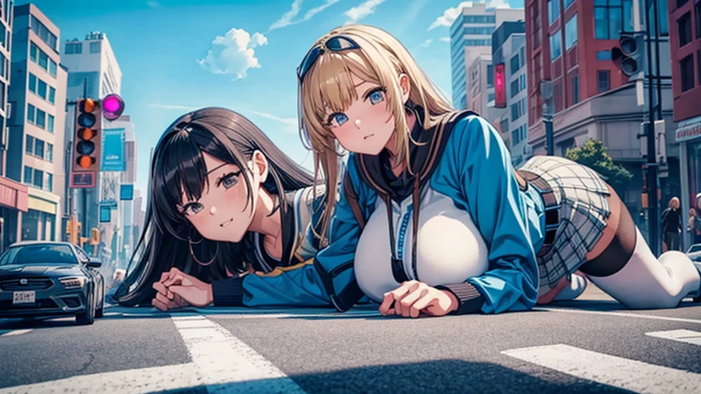 Giant Girl　giant girl　A giant girl is lying on the road　sneakers　Knee-high socks　Black Stockings　Skyscraper district　Metropolis　blue sky　cumulonimbus　Hands on。Unreal Engine　masterpiece　car　crowd　Five fingers　Perfect hands　skirt　Precision painting　4ｋ　