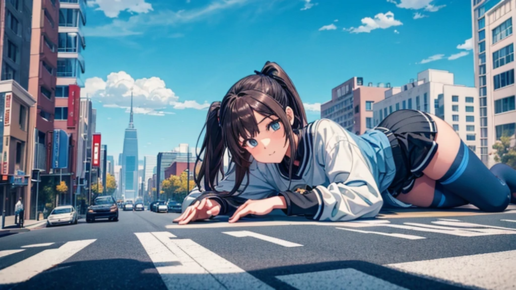Giant Girl　giant girl　A giant girl is lying on the road　sneakers　Knee-high socks　Black Stockings　Skyscraper district　Metropolis　blue sky　cumulonimbus　Hands on。Unreal Engine　masterpiece　car　crowd　Five fingers　Perfect hands　skirt　Precision painting　4ｋ　