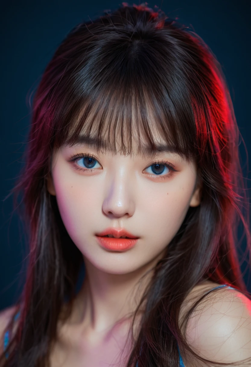 (upper body:1.5),8k, best quality, 1 Girl, (Skin Indentation), night, (dark), Indoor clear background, (people), Beautiful bangs, Gorgeous,, (Clothing and:1.3),Soft lighting, attractive, dark Room, (mouth close:1.2, beautiful eyes, Delicate eyes, Detailed iris, Beautiful lips, Beautiful nose, Pretty Face),(primary color:1.5),(Ambient Light:1.5),(Neon light:1.8),(Radioluminescence:1.8),(red and blue light:1.5)