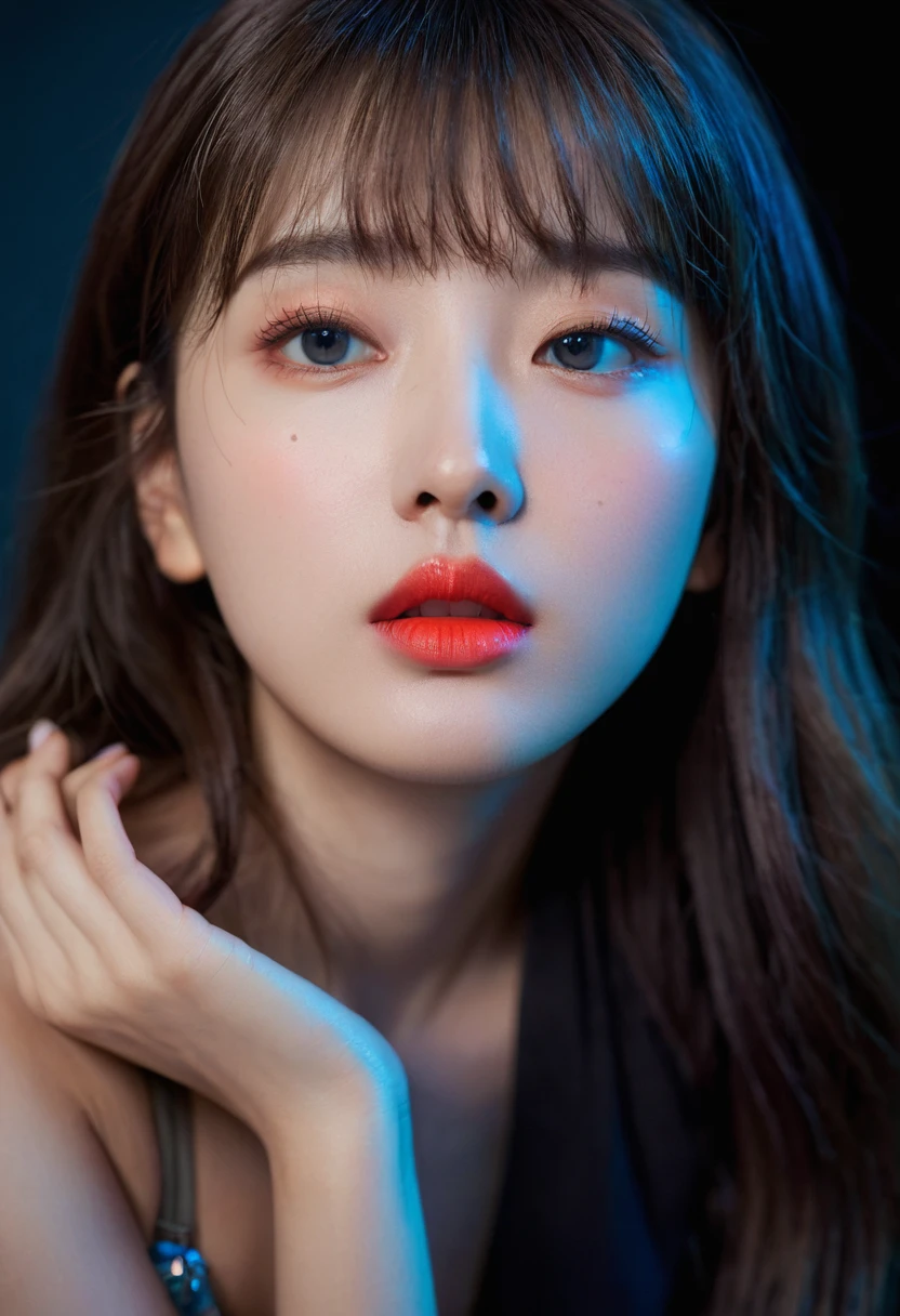 (upper body:1.5),8k, best quality, 1 Girl, (Skin Indentation), night, (dark), Indoor clear background, (people), Beautiful bangs, Gorgeous,, (Clothing and:1.3),Soft lighting, attractive, dark Room, (mouth close:1.2, beautiful eyes, Delicate eyes, Detailed iris, Beautiful lips, Beautiful nose, Pretty Face),(primary color:1.5)，(Ambient Light:1.5)，(Neon light:1.8),(Radioluminescence:1.8),(red and blue light:1.5)