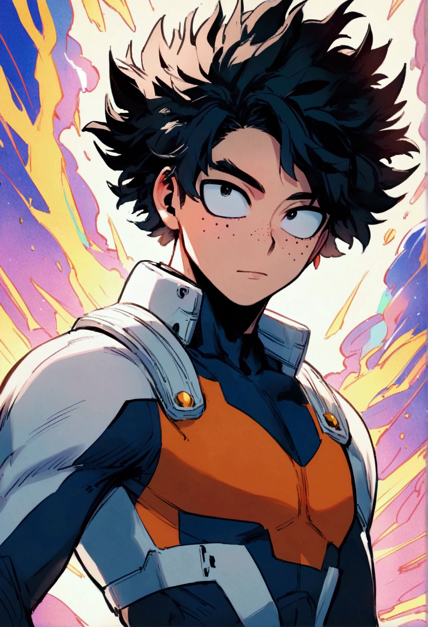 My hero academia, boy with curly black hair, black eyes and freckles