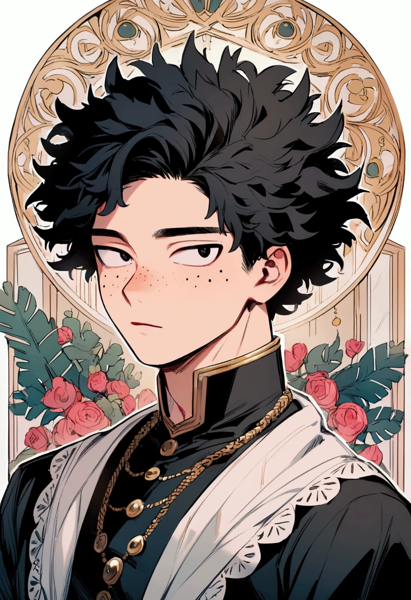 My hero academia, boy with curly black hair, black eyes and freckles