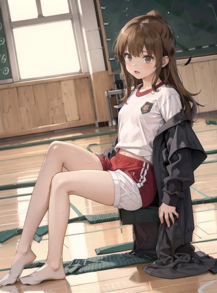 (masterpiece), (Highest quality), (Very detailed), ((Very delicate and beautiful)), One Girl, solo, July, Maroon mouth, Sitting, Detailed Iris, young, Long white socks,
,(((Black Bloomers, School, Gym Shirt, White T-shirt, Gym suit, Photo of girl in wooden floor School gym room))),Bloomers are bikini type ,Dynamic Angle ,Sweat,Lie in 