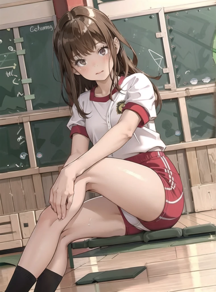 (masterpiece), (Highest quality), (Very detailed), ((Very delicate and beautiful)), One Girl, solo, July, Maroon mouth, Sitting, Detailed Iris, young, Long white socks,
,(((Black Bloomers, School, Gym Shirt, White T-shirt, Gym suit, Photo of girl in wooden floor School gym room))),Bloomers are bikini type ,Dynamic Angle ,Sweat,Lie in 