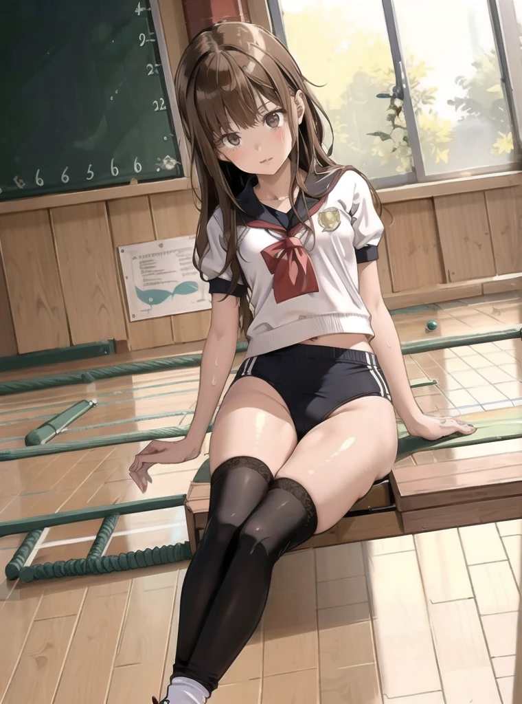 (masterpiece), (Highest quality), (Very detailed), ((Very delicate and beautiful)), One Girl, solo, July, Maroon mouth, Sitting, Detailed Iris, young, Long white socks,
,(((Black Bloomers, School, Gym Shirt, White T-shirt, Gym suit, Photo of girl in wooden floor School gym room))),Bloomers are bikini type ,Dynamic Angle ,Sweat,Lie in 