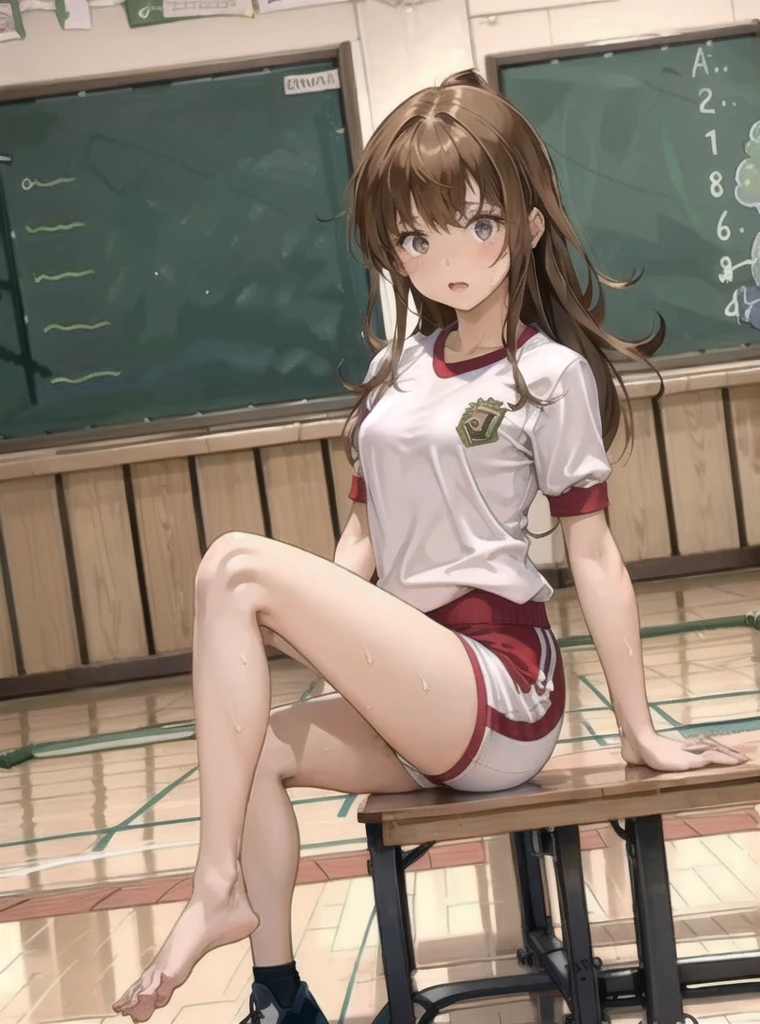 (masterpiece), (Highest quality), (Very detailed), ((Very delicate and beautiful)), One Girl, solo, July, Maroon mouth, Sitting, Detailed Iris, young, Long white socks,
,(((Black Bloomers, School, Gym Shirt, White T-shirt, Gym suit, Photo of girl in wooden floor School gym room))),Bloomers are bikini type ,Dynamic Angle ,Sweat,Lie in 