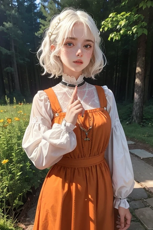 15 year old girl, , slim, flat chest, short white hair, extremely curly, perfect face, short dress, green color, Victorian, long sleeve, to the neck, showing her legs, holds a short sword with both hands. In a forest, at night.