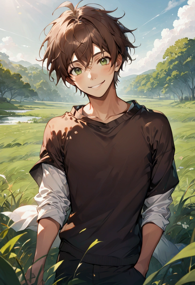 4K estilo manhwa, 18 years, man, Grass, nature, messy hair, short shoulder length brown hair, green eyes. beautiful. black skin. smiling.