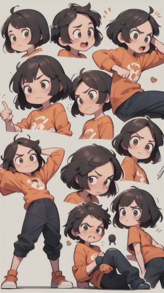 boy , Different emotions, comic-book style, smooth lines, orange shirt, short black hair, style cartoon, expressive expression, White background, animated cartoon, dynamic poses, precise details