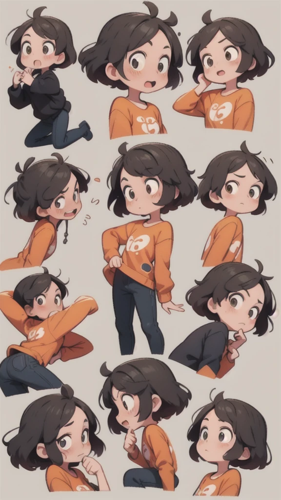 boy , Different emotions, comic-book style, smooth lines, orange shirt, short black hair, style cartoon, expressive expression, White background, animated cartoon, dynamic poses, precise details
