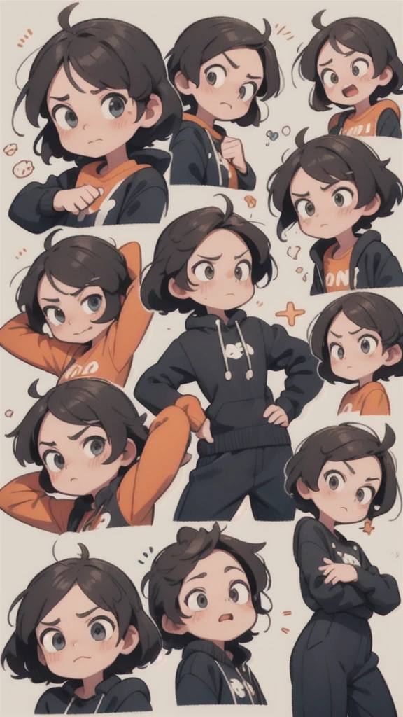 boy , Different emotions, comic-book style, smooth lines, orange shirt, short black hair, style cartoon, expressive expression, White background, animated cartoon, dynamic poses, precise details