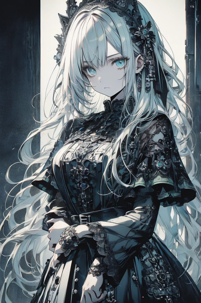 RAW Photos, Realistic, Ultra-realistic, five-panel comic, gothic girl, big eyes, detailed linework, black and white, elegant dress, vintage lace, dark background, melancholic mood, big speech bubbles, baroque influences, thin pen lines, screen tones, dot shading, selective coloring, red, light green, light blue, Japanese manga style, Highest quality, masterpiece, Ultra-high resolution, 8K