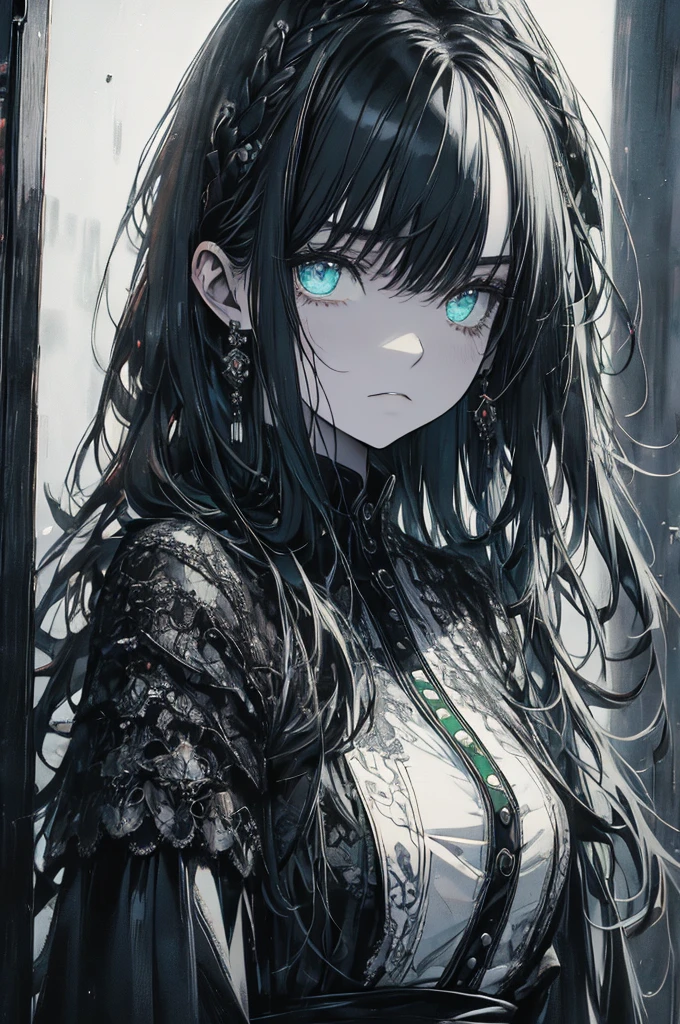 RAW Photos, Realistic, Ultra-realistic, five-panel comic, gothic girl, big eyes, detailed linework, black and white, elegant dress, vintage lace, dark background, melancholic mood, big speech bubbles, baroque influences, thin pen lines, screen tones, dot shading, selective coloring, red, light green, light blue, Japanese manga style, Highest quality, masterpiece, Ultra-high resolution, 8K