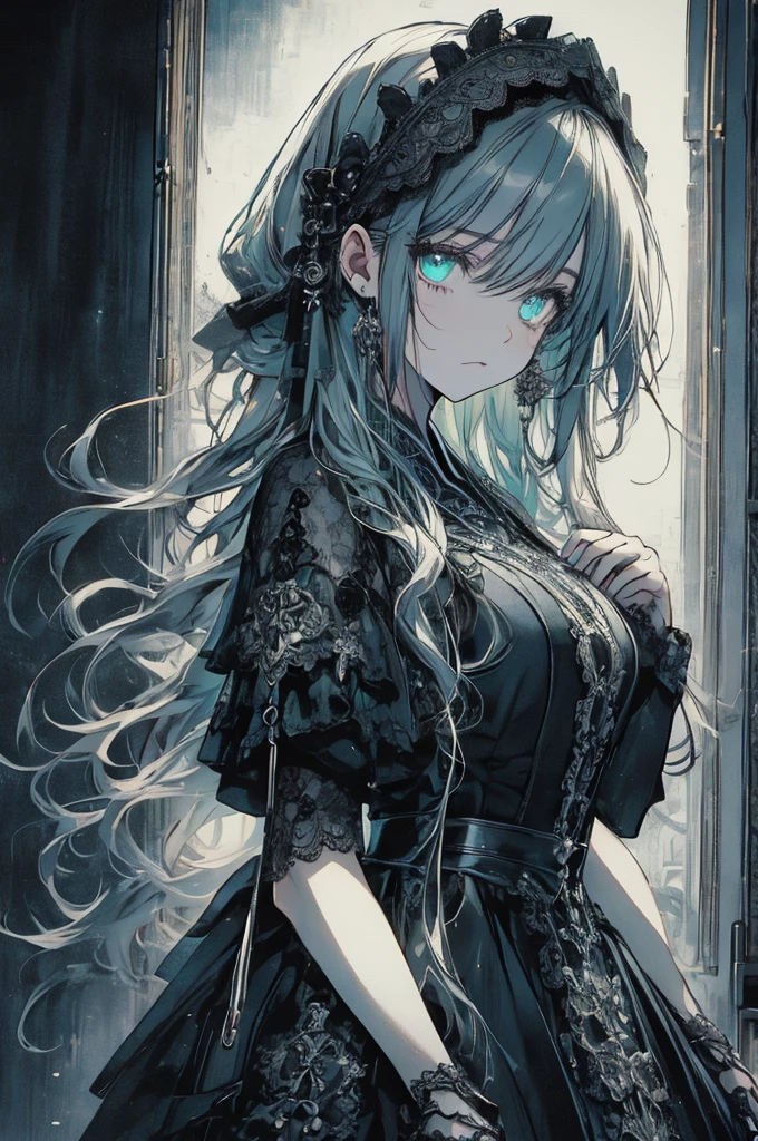 RAW Photos, Realistic, Ultra-realistic, five-panel comic, gothic girl, big eyes, detailed linework, black and white, elegant dress, vintage lace, dark background, melancholic mood, big speech bubbles, baroque influences, thin pen lines, screen tones, dot shading, selective coloring, red, light green, light blue, Japanese manga style, Highest quality, masterpiece, Ultra-high resolution, 8K