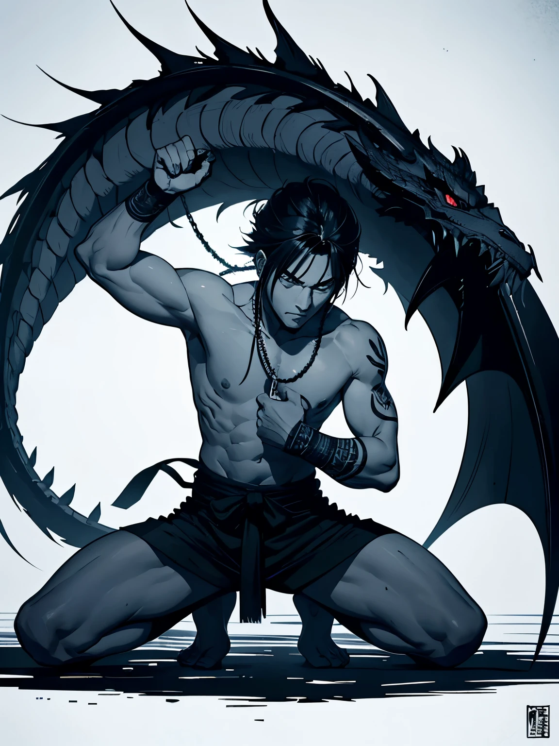A samuray man with a blanket kneeling doing harakiri and having a spirit come out of him, something like a dragon or something related to Japanese culture in black and white This image is for a tattoo on the arm
