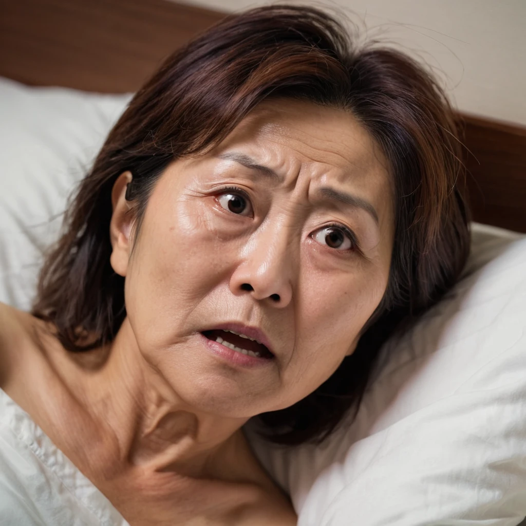 Close up of  (Lying in bed) 50-year-old Japanese woman wakes up with a look of confusion and fear on her face.