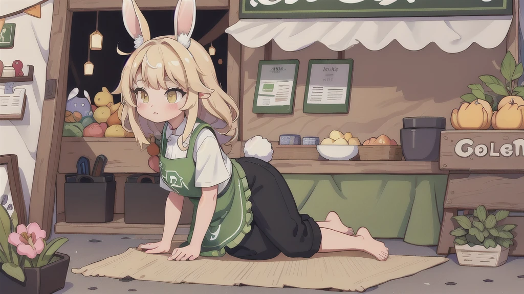 (highly detailed), ((Masterpiece)), ((Best Quality)), by claweddrip, by ressue, by pudgeruffian, by fleet-foot, by thericegoat, solo, female, rabbit, rabbit tail, (lop ears:1.1), blonde hair, long straight hair, beige fur, yellow eyes, bright eyes, medium breast, ((white shirt)), ((green apron)), ((black pants)), market scenery