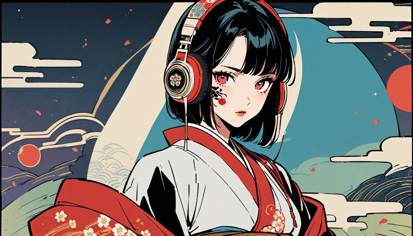 Kyudo, Red Eyes, 1 girl, Tattoo on face, Japanese style headphones, beautiful girl, Black Hair, Delicate and precise, Modern ukiyo-e style, Multicolored background
