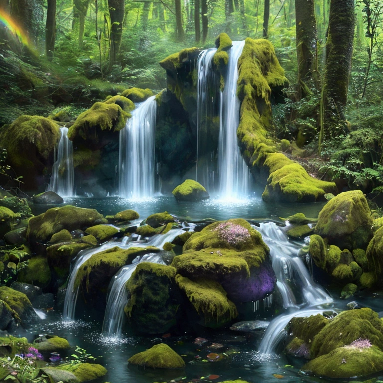 rainbowcolored multiglowing fountain of youth in the deep green forest, from below, cinematic angle, realistic, hyper-realistic, photorealistic, (best quality,4k,8k,highres,masterpiece:1.2),ultra-detailed,(realistic,photorealistic,photo-realistic:1.37),vivid colors,dramatic lighting,