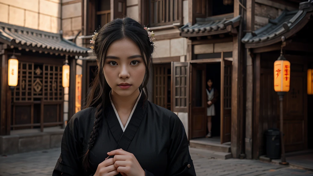 1girl,full body,extremely detailed face, beautiful detailed eyes,light on face,cinematic lighting,looking at viewer,outdoors,Black hair,(balck Chinese architecture:0.05),hanfu,