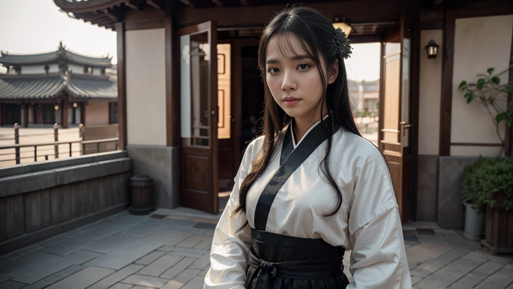 1girl,full body,extremely detailed face, beautiful detailed eyes,light on face,cinematic lighting,looking at viewer,outdoors,Black hair,(balck Chinese architecture:0.05),hanfu,