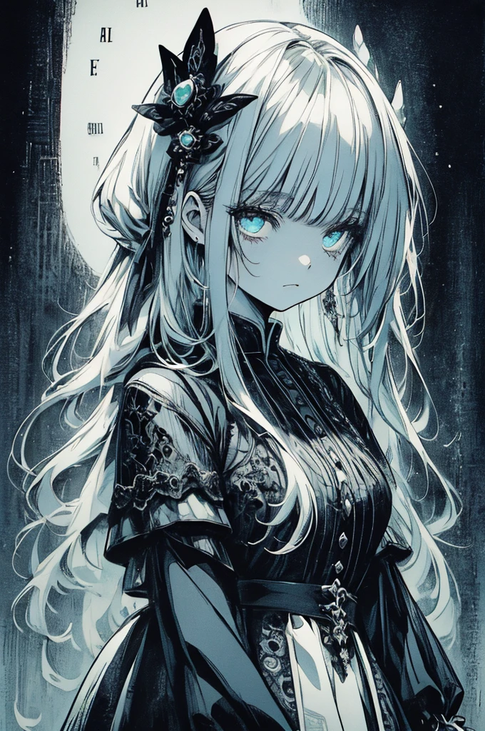 five-panel comic, gothic girl, big eyes, detailed linework, black and white, elegant dress, vintage lace, dark background, melancholic mood, big speech bubbles, baroque influences, thin pen lines, screen tones, dot shading, selective coloring, red, light green, light blue, Japanese manga style