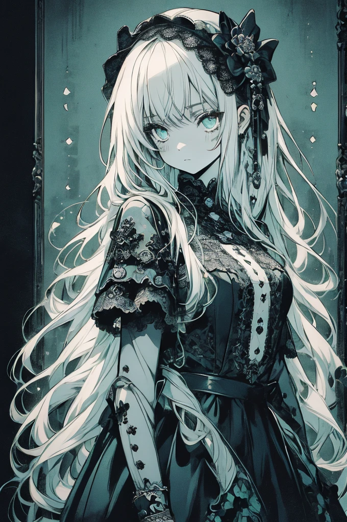 five-panel comic, gothic girl, big eyes, detailed linework, black and white, elegant dress, vintage lace, dark background, melancholic mood, big speech bubbles, baroque influences, thin pen lines, screen tones, dot shading, selective coloring, red, light green, light blue, Japanese manga style