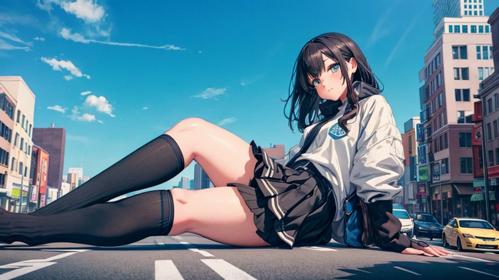 Giant Girl　giant girl　A giant girl is lying on the road　sneakers　Knee-high socks　Black Stockings　Skyscraper district　Metropolis　blue sky　cumulonimbus　Hands on。Unreal Engine　masterpiece　car　crowd　Five fingers　Perfect hands　skirt　Precision painting　4ｋ　