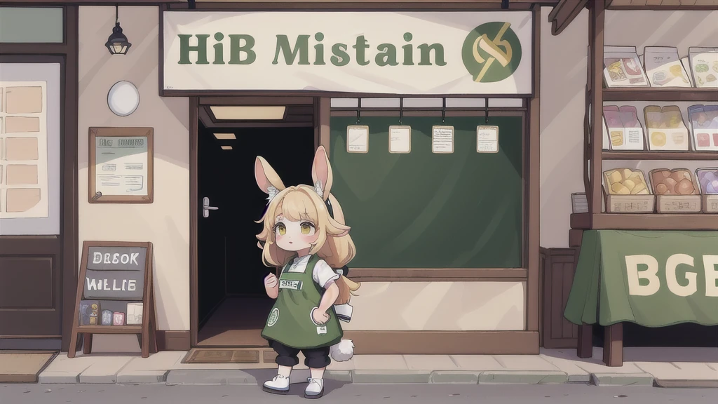 (highly detailed), ((Masterpiece)), ((Best Quality)), by claweddrip, by ressue, by pudgeruffian, by fleet-foot, by thericegoat, solo, female, rabbit, rabbit tail, (lop ears:1.1), blonde hair, long straight hair, beige fur, yellow eyes, bright eyes, medium breast, ((white shirt)), ((green apron)), ((black pants)), market scenery