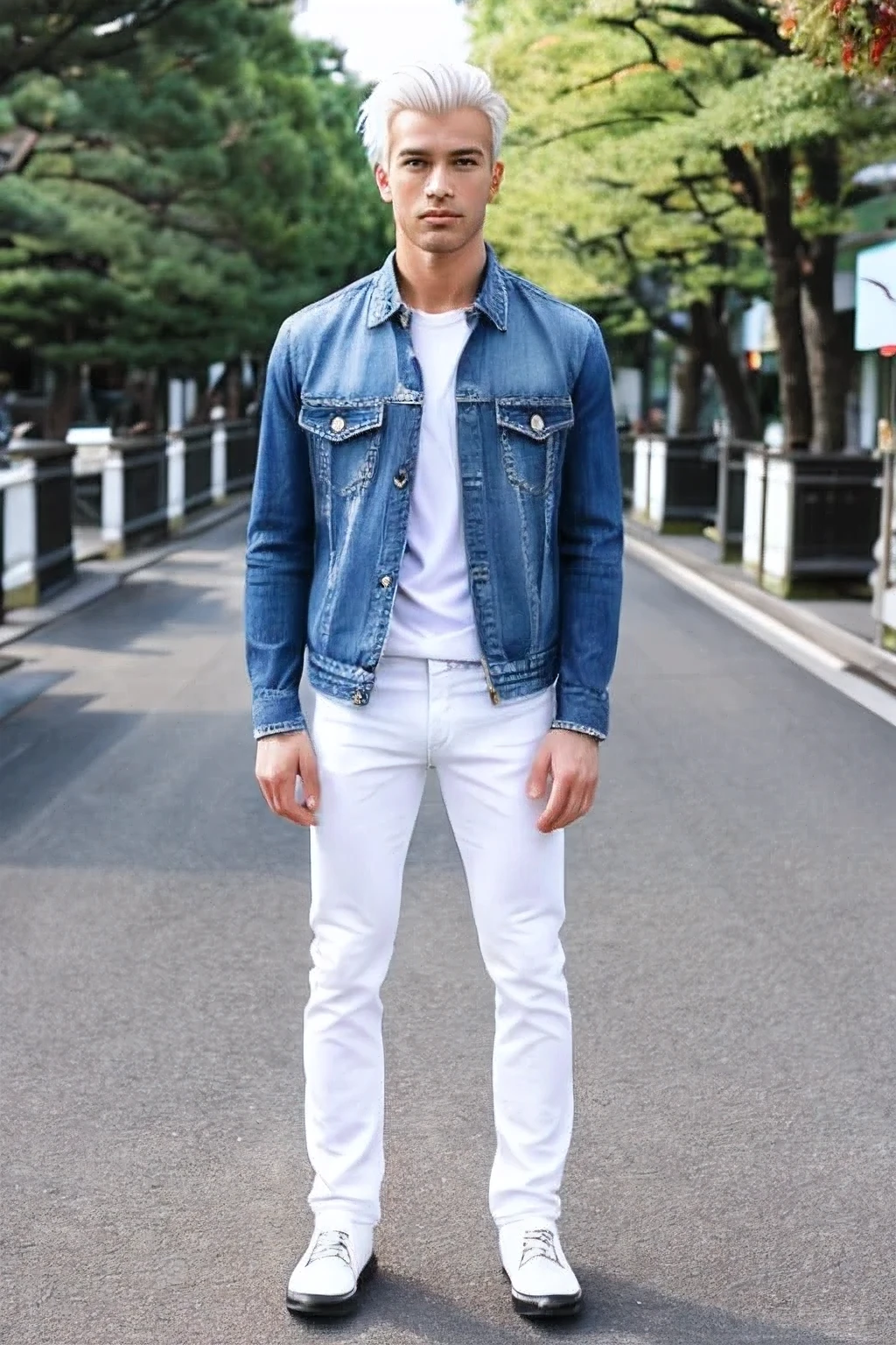 handsome men ,white, hair full body,blue jeans, japan men