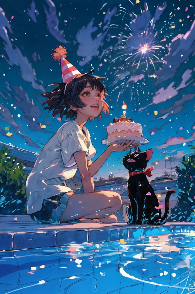 a young woman and her cat both wearing a party hat, birthday cake in the middle, by the pool, gazing at the night starry sky, happy, cute, style of studio ghibli, brilliant colors, elaborate details, clean lines, anime realism