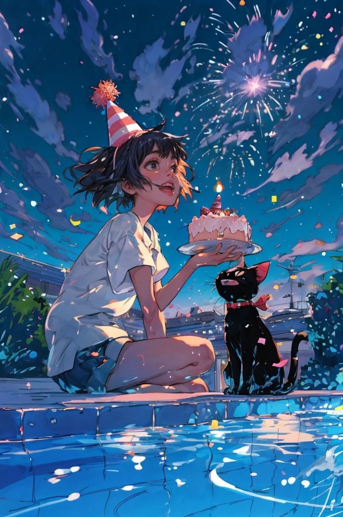 a young woman and her cat both wearing a party hat, birthday cake in the middle, by the pool, gazing at the night starry sky, happy, cute, style of studio ghibli, brilliant colors, elaborate details, clean lines, anime realism