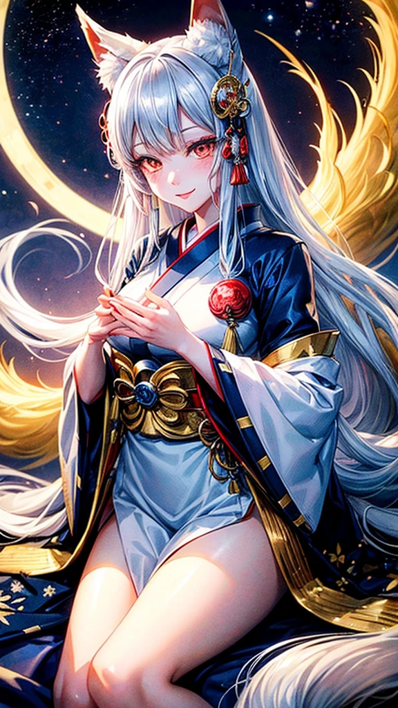Kitsune girl,hime cut,silver eyes,gold darkblue and red tones japanese cloth, geisha dress theme sun&moon , traditional japanese , long white hair,silver fox ears, have kitsune tail, beautiful woman, silver eyes, elegant, young adult beautiful,night , starry night,sexy eyes,flirting,smile, erotic,nude, royal charm