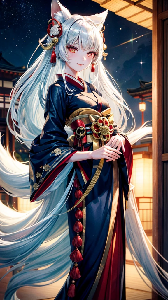 Kitsune girl,hime cut,silver eyes,gold darkblue and red tones japanese cloth, geisha dress theme sun&moon , traditional japanese , long white hair,silver fox ears, have kitsune tail, beautiful woman, silver eyes, elegant, young adult beautiful,night , starry night,sexy eyes,flirting,smile, erotic,nude, royal charm