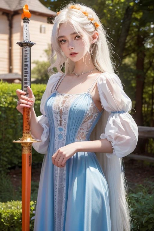 15 year old girl, , slim, flat chest, short white hair, extremely curly, perfect face, short dress, green color, Victorian, long sleeve, to the neck, showing her legs, holds a short sword with both hands. In a forest, at night.