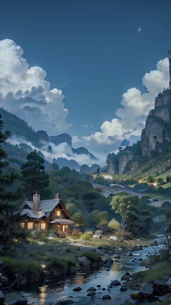 Mountain, river, and there is a house with big tree beside of them, peacefull night, 4K