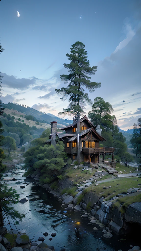 Mountain, river, and there is a house with big tree beside of them, peacefull night, 4K