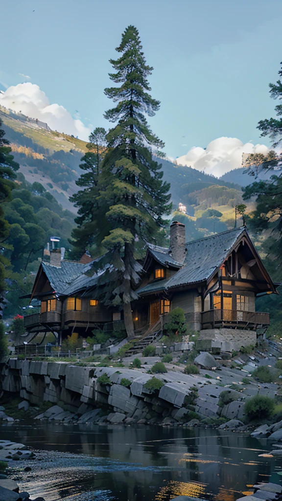Mountain, river, and there is a house with big tree beside of them, peacefull night, 4K