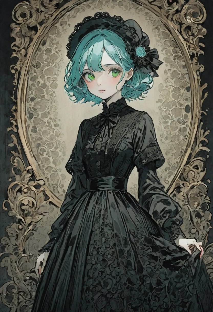 five-panel comic, gothic girl, big eyes, detailed linework, black and white, elegant dress, vintage lace, dark background, melancholic mood, big speech bubbles, baroque influences, thin pen lines, screen tones, dot shading, selective coloring, red, light green, light blue, Japanese manga style