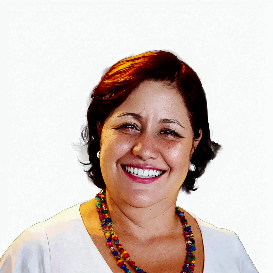 smiling woman with multicolored necklace and white shirt against white background, Magda Torres Gurza, fernanda suarez, brush pile, Carola Rubio, lorena avarez, Blanca Alvarez, alanis guillen, Caroline Gariba, olivia de bernardinis, Julia Fuentes, valentine shuffle, sandra chevier, andrea rocha, adriana dxim