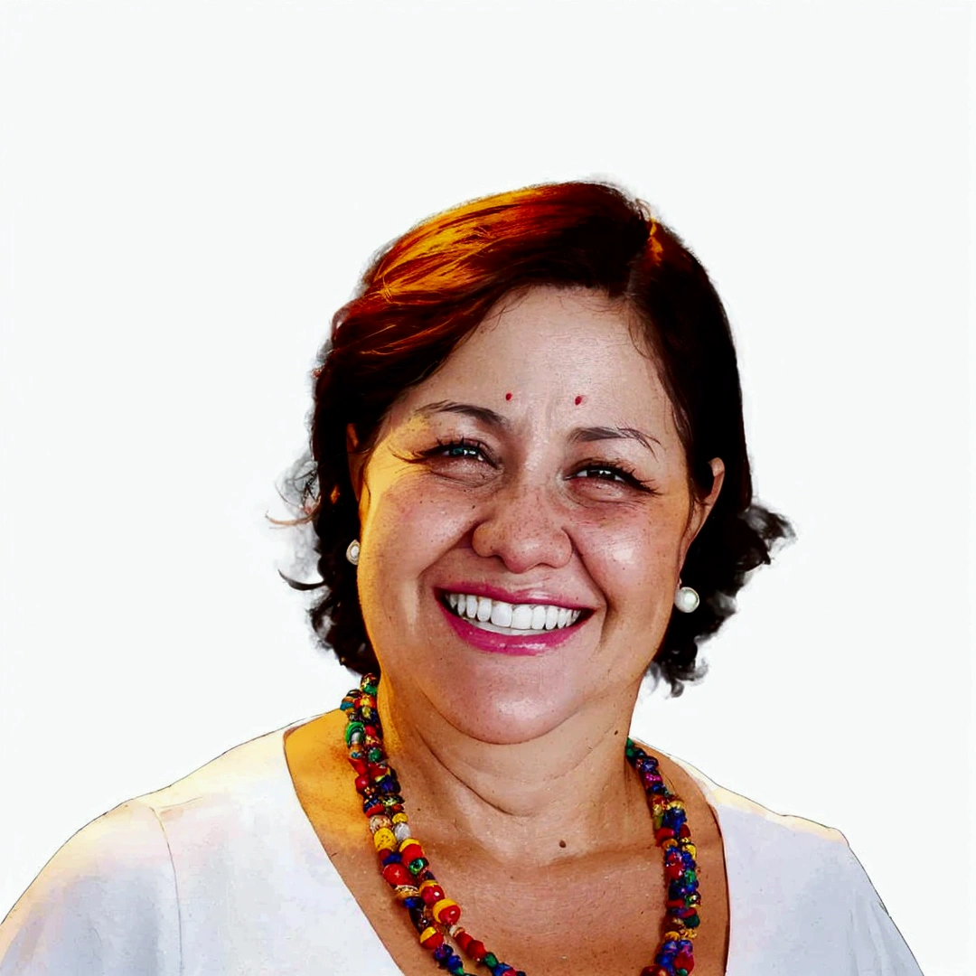 smiling woman with multicolored necklace and white shirt against white background, Magda Torres Gurza, fernanda suarez, brush pile, Carola Rubio, lorena avarez, Blanca Alvarez, alanis guillen, Caroline Gariba, olivia de bernardinis, Julia Fuentes, valentine shuffle, sandra chevier, andrea rocha, adriana dxim