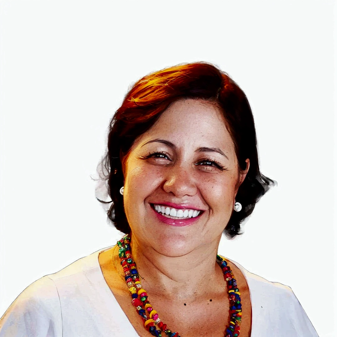 smiling woman with multicolored necklace and white shirt against white background, Magda Torres Gurza, fernanda suarez, brush pile, Carola Rubio, lorena avarez, Blanca Alvarez, alanis guillen, Caroline Gariba, olivia de bernardinis, Julia Fuentes, valentine shuffle, sandra chevier, andrea rocha, adriana dxim