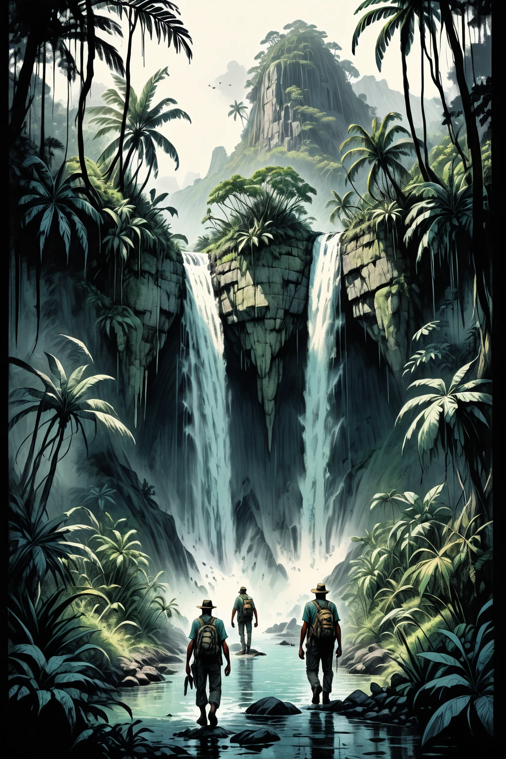 mysterious island, cinematic, image within image, multiple exposure, showcase island, over the shoulder, traversing path, tropical, rewilding, entropy, gritty, noir, 1990s, hand drawn, realism, traveling through jungle, waterfall, sense of adventure and danger, rough expressive sketch style,