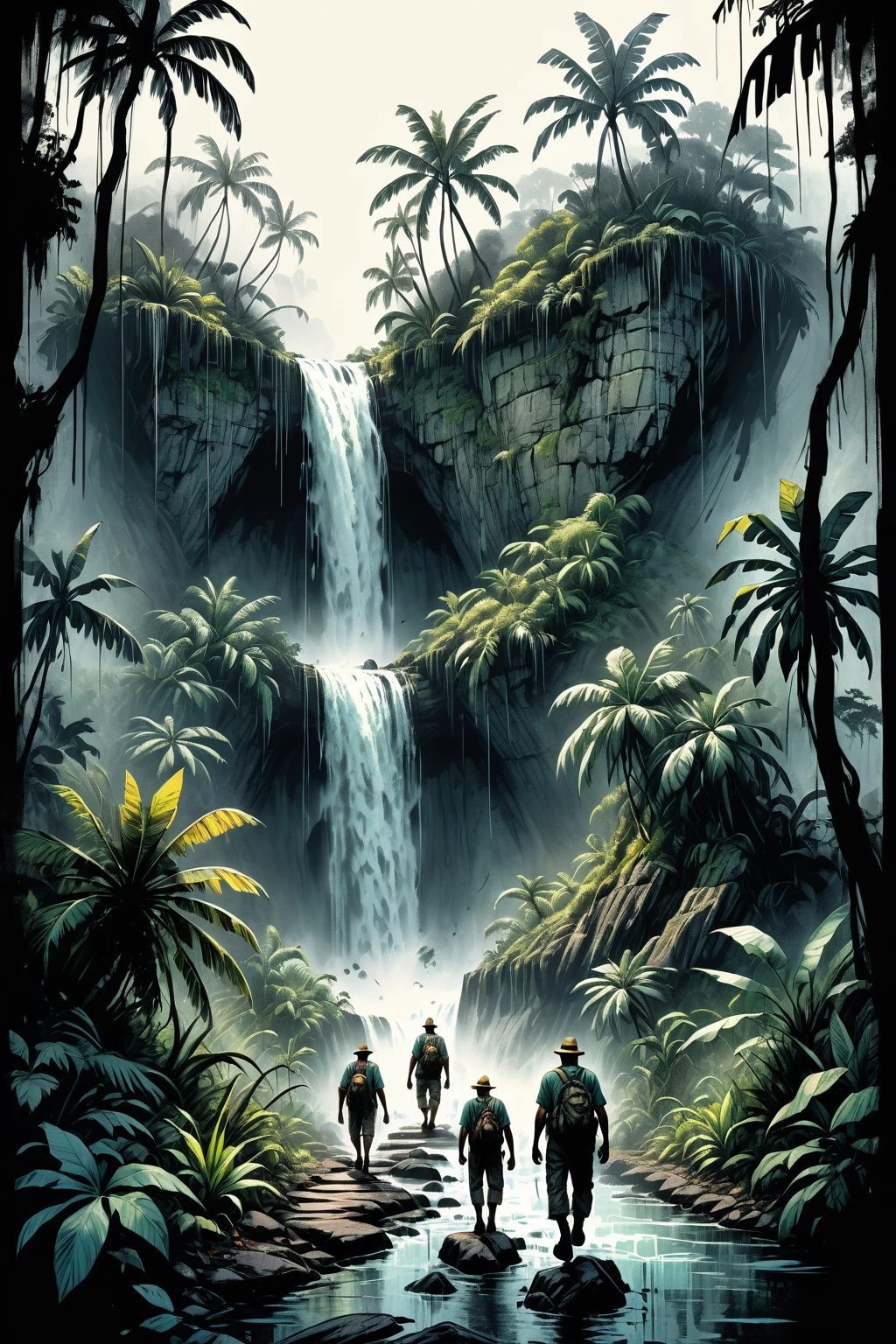 mysterious island, cinematic, image within image, multiple exposure, showcase island, over the shoulder, traversing path, tropical, rewilding, entropy, gritty, noir, 1990s, hand drawn, realism, traveling through jungle, waterfall, sense of adventure and danger, rough expressive sketch style, 