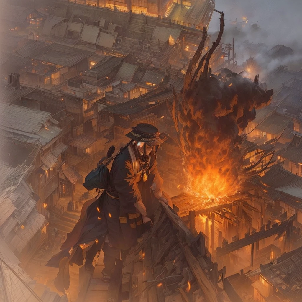 There is a picture of a fire in the middle of the field, Disco Elysium Concept Art, Disco Elysium Art, By Ludwig Konaszewski, Disco Elysium Artwork, Surreal hell, Apocalyptic spherical explosion, By Leruja Penezich, Background air combat, Balrog Concept Art, By Ludwig Konaszewski JrBlazing flames, fire, crowd, throng, freezing, mother warming her baby.Scenery and Cityscape in the Early Meiji Era After the Meiji Restoration, Japan underwent rapid modernization and civilization. Consequently, many changes and reforms occurred. Below is a detailed explanation of the scenery, appearance of the poor, occupations, and cityscapes in the early Meiji period (1868 to the early 1880s). 2. Appearance of the Poor Life for the impoverished and lower classes remained harsh. In particular, in urban areas, people migrated from rural areas or unemployed artisans gathered, intensifying competition in the labor market. Many of them struggled with poverty, often residing in slums or around temples. 3. Occupations Meiji early Japan witnessed a diversification of occupations. Traditional agriculture and handicrafts were accompanied by the rise of modern industry and commerce. Particularly in urban areas, factory workers, shop clerks, and transporters increased, giving rise to new professions. However, many in these occupations endured harsh working conditions. 4. Influence of Civilization and Enlightenment During the Meiji era, Western cultural influences spread rapidly. Changes in clothing, dietary habits, and the proliferation of Western-style architecture advanced, especially in urban areas. Conversely, this development posed a threat to traditional culture and lifestyles, resulting in societal upheaval and adaptation challenges. 5. Social Change and Policy Influence While promoting modernization policies, the government also addressed poverty and social issues. Legislation for labor protection and charitable activities to aid the poor were implemented. Nevertheless, living conditions for the impoverished scarcely improved. The early Meiji period marked a rapid transformation in Japan, with complex social la