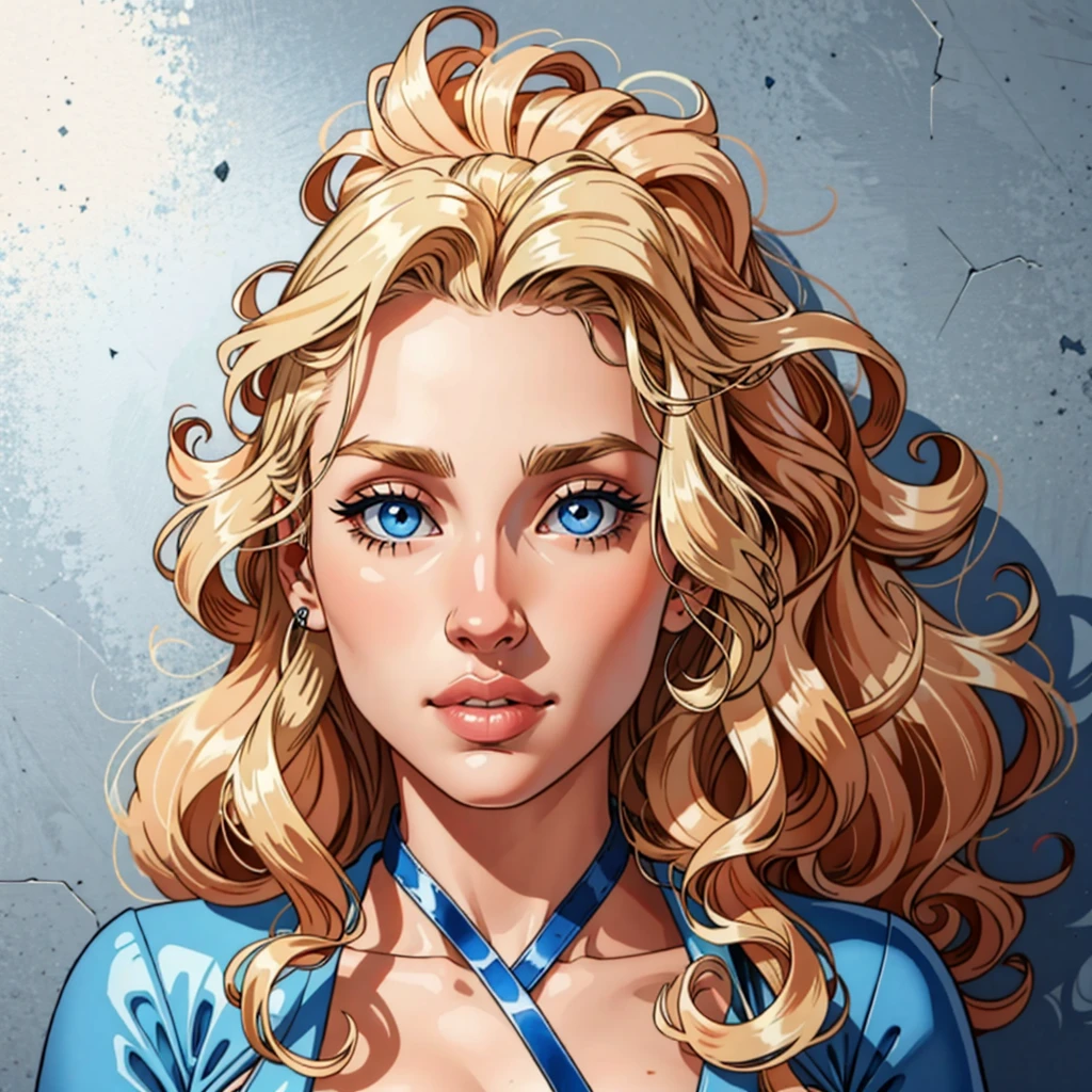 one girl, curly blonde hair, light blue eyes, big nose, thin lips,