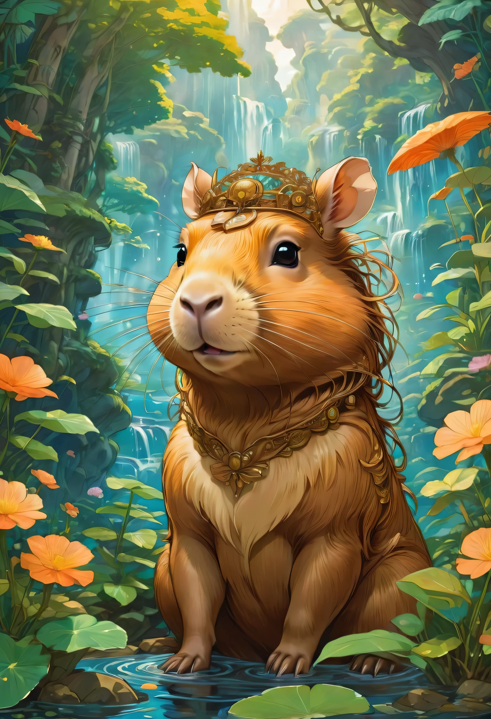 a cute capybara, by Studio Ghibli and Alphonse Mucha, best quality, masterpiece, very aesthetic, perfect composition, intricate details, ultra-detailed