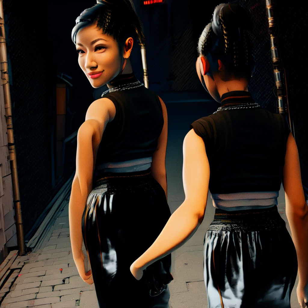 Chitose,black hair,brown eyes,short hair,ponytail,braids,short sleeves,
crop top, showing rear,black pants,necklace,street,night,alley, smile,
(insanely detailed,masterpiece, best quality)solo,1girl