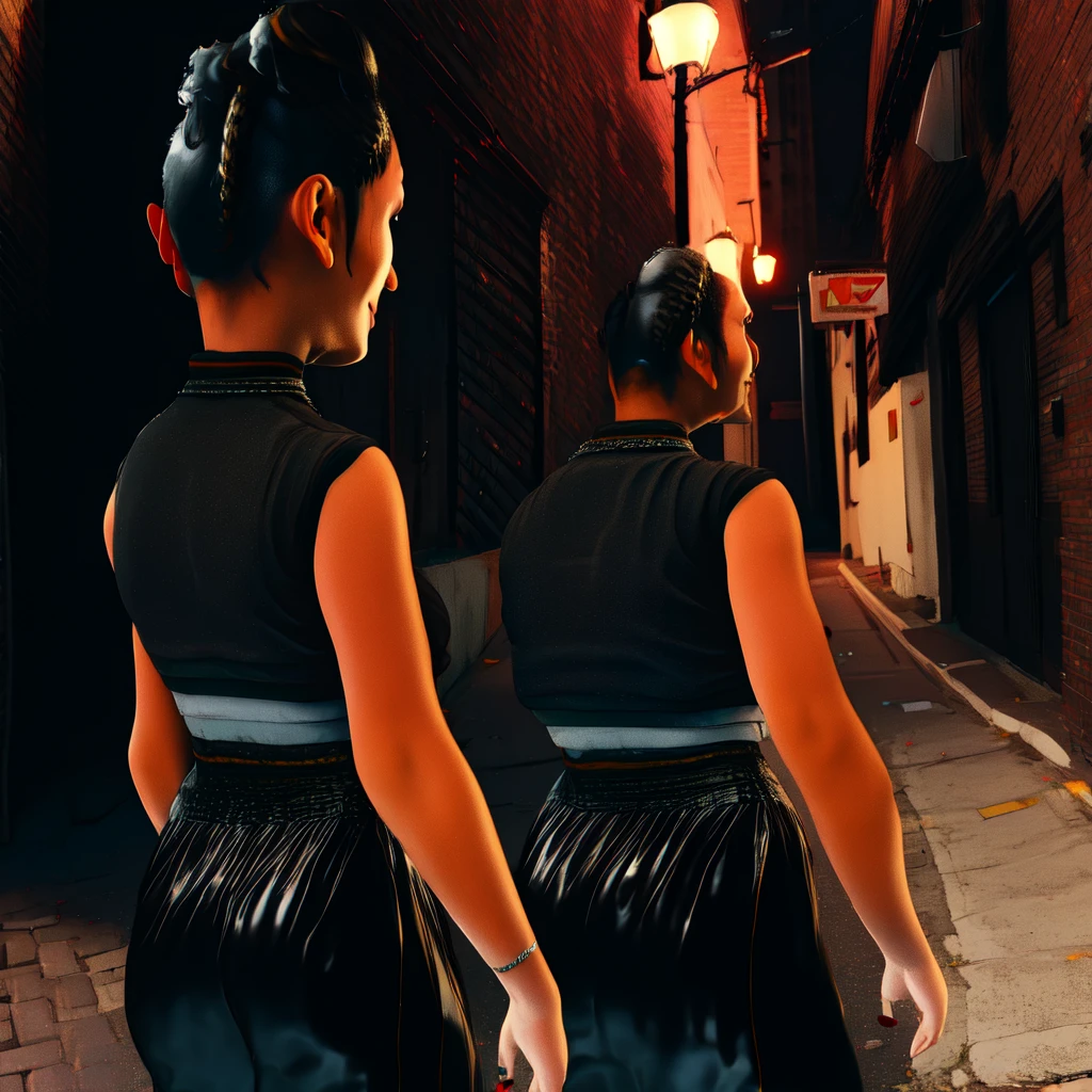 Chitose,black hair,brown eyes,short hair,ponytail,braids,short sleeves,
crop top, showing rear,black pants,necklace,street,night,alley, smile,
(insanely detailed,masterpiece, best quality)solo,1girl